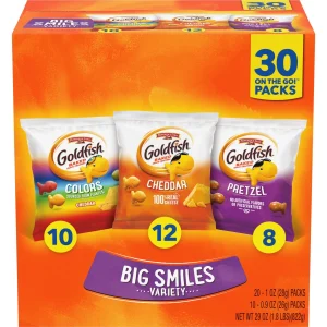 Goldfish Crackers Big Smiles with Cheddar, Colors, and Pretzel Crackers, Snack Pack, 30 Count Variety Pack Box