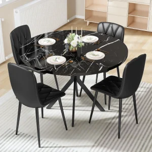 LinkRomat Round Kitchen Table and Chairs Set, 5-Piece Dining Room Table Set with Faux Marble Top & 4 Luxury Diamond Tufted Chairs, Used in Kitchens and Dining (Black+Black)