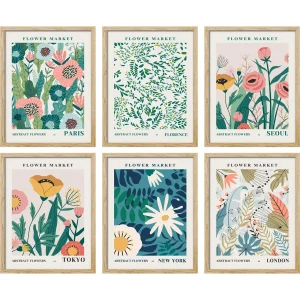 PixonSign Framed Canvas Print Wall Art Set - Multicolor Floral Botanical Flower Market Posters - Set of 6 Vintage Retro Antique Mixed Media Country Cultural Art Wall Décor - 12"x16"x6 Natural