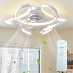 Surnie Ceiling Fan with Light Remote Low Profile Ceiling Fan 6 Speeds 3 Colors Modern Bladeless Flush Mount Ceiling Fans Reversible Dimmable Geometric for Living Room Bedroom Kitchen, White